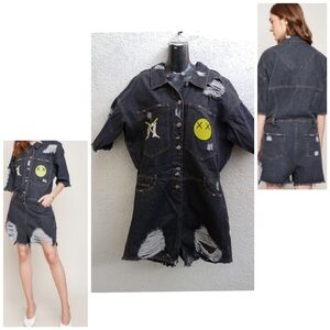 Trendy Denim Romper with Patches Distressed Post Apocalypse Grunge Retro
